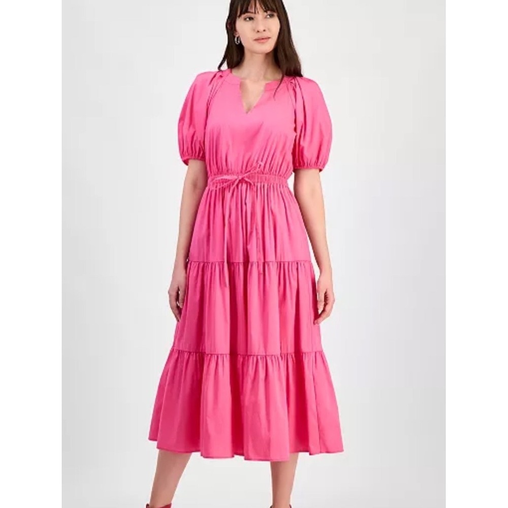 Anne Klein Tiered Maxi Dress Women 3X NWT Carmine Rose Pink Puffed Sleeve $159